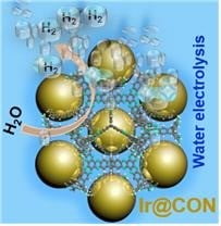 <수소 발생 반응 그림>
전기 에너지를 이용해 물에서 수소를 생산하는 Ir@CON 촉매에 관한 간략한 모식도를 나타낸다. 황금색을 띠는 이리듐(Ir) 원자가 3D-CON 구조와 연결돼 물의 전기화학반응 효율을 높인다.