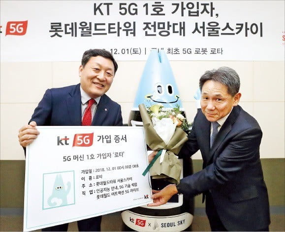 이필재 KT 마케팅부문장(오른쪽)이 1일 인공지능(AI) 로봇 로타의 5G 서비스 가입자 증서를 박동기 롯데월드 대표에게 전달하고 있다.  /KT 제공 