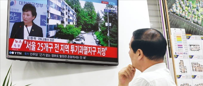 공인중개사들이 부동산종합서비스법 시행으로 중개보수 말고도 새로운 수익 창출 요소들이 많아졌다. 서울 개포동의 한 공인중개업소 관계자가 TV를 통해 정부의 부동산대책 발표를 지켜보고 있다.
 