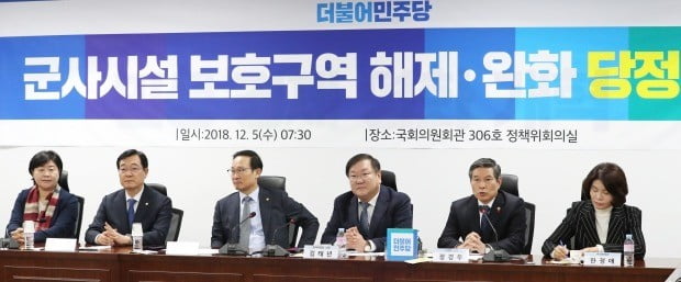 정경두 국방부 장관(오른쪽 두번째)이 5일 오전 국회 의원회관에서 열린 군사시설 보호구역 해제 및 완화 당정협의에서 발언하고 있다.(사진=연합뉴스)