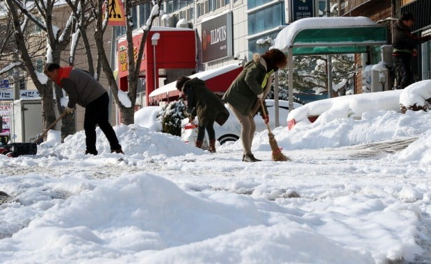 29일 오전 전남 영광군에 전날부터 많은 눈이 내려 주민들이 도로 위에 쌓인 눈을 치우고 있다. (사진=연합뉴스)