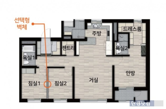 우미건설의 '검단신도시 우미린 더퍼스트' 전용 74㎡A형 평면도. 안방 드레스룸이 'ㄱ'자로 넉넉하고 현관창고와 팬트리까지 갖췄다.(자료 우미건설)