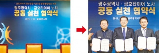 광주광역시가 금호타이어 공장 이전과 광주형 일자리사업을 연계하려다 실패했다. 시는 16일 열린 협약식에 당초 준비한 현수막(왼쪽) 대신 새로운 현수막(오른쪽)을 달았다. /금호타이어 제공 