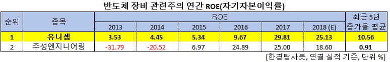 반도체 장비 관련주의 연간 ROE(자기자본이익률)