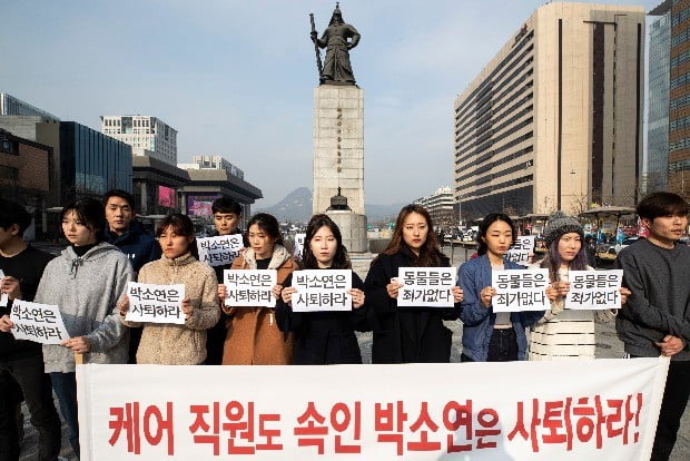 동물권단체 케어의 직원들이 12일 오후 서울 광화문광장에서 박소연 케어 대표의 사퇴를 촉구하는 기자회견을 열고 있다(사진=연합뉴스)