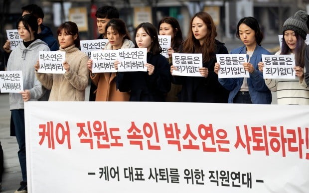 박소연 케어 대표 사퇴 촉구 기자회견 (사진=연합뉴스)