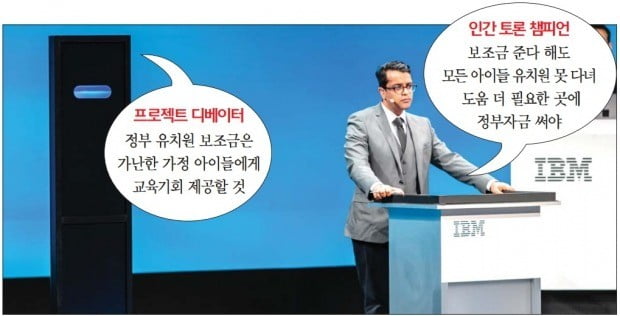 IBM이 개발한 토론 전용 인공지능 컴퓨터 ‘프로젝트 디베이터’(검은색 기둥 모양)가 인간 토론 챔피언 하리시 나타라얀과 ‘정부의 유치원 보조금 지급’ 문제를 놓고 공방을 펼치고 있다. /IBM 제공 