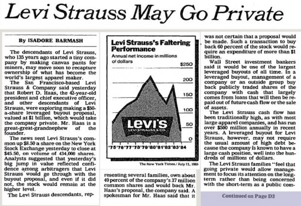 34년 전 리바이스 비상장 전환을 전한 뉴욕타임스 기사 캡처