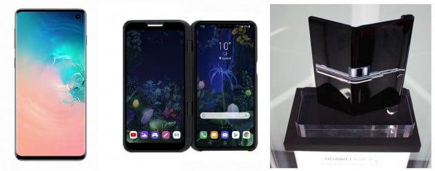 왼쪽부터 삼성전자 '갤럭시S10', LG전자 5G폰 'V50싱큐', 화웨이 5G폰 '메이트X'/사진=한경DB