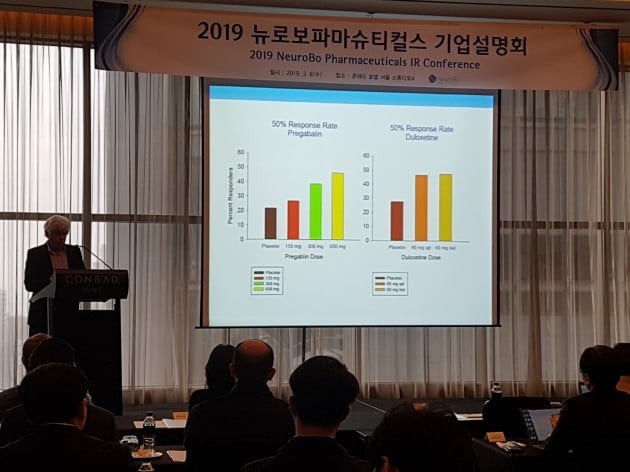 로이 프리먼 뉴로보 과학자문위원회 의장이 주요 파이프라인 개발 현황을 발표하고 있다.