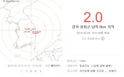 경북 봉화, 규모 2.0 지진…기상청 "피해 없을 것"