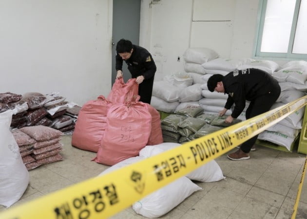 인천해경 경찰관이 중국 농산물 불법 유통업자에게 압수한 농산물을 확인하고 있다. 인천해경 제공
