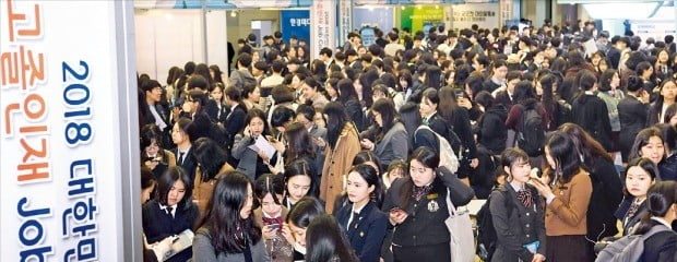 작년 3월 28일 경기 고양시 킨텍스 제2전시장에서 ‘2018 대한민국 고졸인재 잡콘서트’가 열렸다. 행사장이 구인공고 등을 확인하려는 직업계고 학생들로 발디딜 틈이 없다.     /신경훈 기자 khshin@hankyung.com