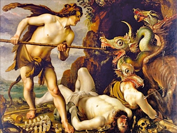 네덜란드 화가 헨드릭 골치어스(1558~1617)의 ‘용을 죽이는 카드모스’(유화, 189㎝×248㎝). 