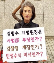 "법치 뒤흔든 김명수 물러나라"…박선영 교수, 대법 앞 1인 시위