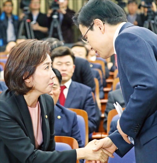 자유한국당 황교안 대표(오른쪽)와 나경원 원내대표가 13일 국회에서 열린 의원총회에서 악수하고 있다.  /연합뉴스 