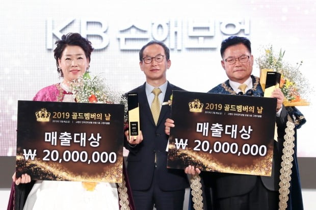 <KB손해보험 ‘2019 골드멤버’ 탄생>  KB손해보험은 8일 서울 삼성동 그랜드인터컨티넨탈호텔에서 회사 임직원과 영업가족 500여 명이 참석한 가운데 연도대상 행사인 ‘2019 골드멤버 시상식’을 개최했다. 골드멤버 최고상으로 2000만원의 시상금이 주어지는 ‘매출대상’에는 목포지역단 해남지점 한승만 씨(남, 61세)와 제주지역단 삼다지점 이정심 씨(여, 57세)가 각각 대리점부문과 설계사 부문에서 수상의 영예를 안았다.