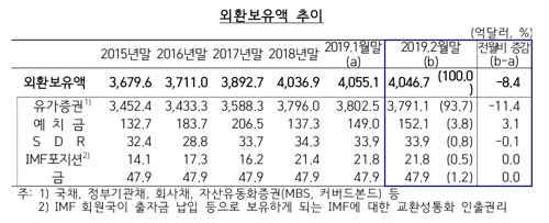 2월 말 외환보유액 447억달러…달러 강세로 넉달 만에 감소