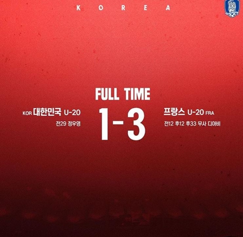 '정우영 만회골' U-20 축구대표팀, 강호 프랑스에 1-3 패배