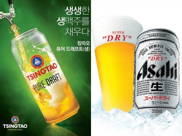 < 중국 칭따오 맥주(좌측)와 일본 아사히 맥주>