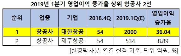 2019년 1분기 영업이익 증가율 상위 항공사 2선