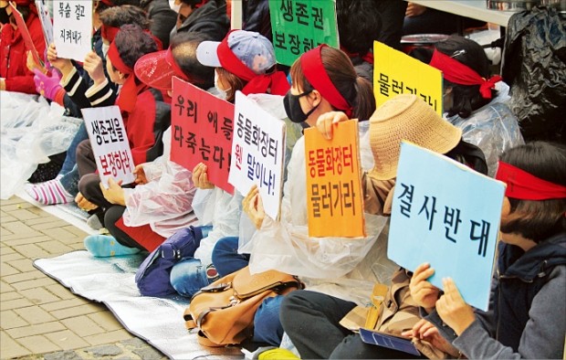 대구 서구 상리동 동물 장묘시설 건립을 반대하는 주민들이 서구청 앞에서 집회를 열고 있다. 