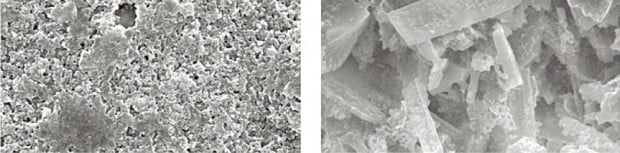 일반 수성 도료(왼쪽)와 다공성 필러를 사용한 KCC의 듀제로를 현미경으로 확대·비교한 사진. 