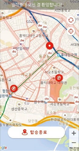 일레클 앱에서 주변에 있는 전기자전거를 확인할 수 있다.  일레클 앱 캡처 