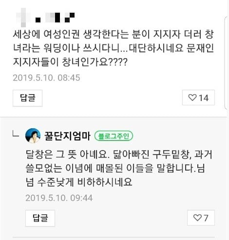 전여옥 전 의원 블로그 댓글에서 '달창'의 뜻을 둘러싼 논란이 뜨겁다