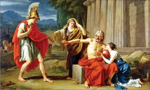 프랑스 신고전주의 화가 장 앙투안 테오도르 기루의 ‘테세우스를 만난 오이디푸스와 두 딸’(1788, 유화). 미국 댈러스 미술관 소장.
