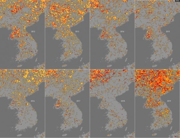 미국 국립해양대기국(NOAA) 기상위성의 사진을 토대로 분석한 북한의 가뭄지수를 표시한 지도. 노란색에서 붉은색으로 변할수록 가뭄의 정도가 심각함을 의미한다. 8장의 한반도 지도는 2012년(윗줄 왼쪽)부터 2019년(아랫줄 오른쪽)까지 같은 시기의 가뭄 지수 변화가 표시돼 있다. 사진=VOA 제공