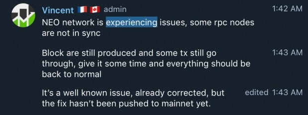중국 블록체인 네오(NEO)에 노드 동기화 오류가 발생해 메인넷이 마비됐다. 사진=네오 텔레그램