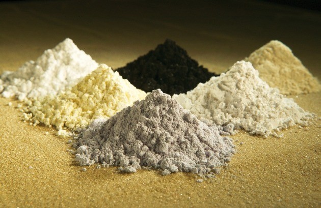 (위 가운데 중심에서 시계방향으로) 희토류의 종류인 프라세오디뮴(praseodymium), 세륨(cerium), 란타넘(lanthanum), 네오디뮴(neodymium), 사마륨(samarium), 가돌리늄(gadolinium) 사진=위키피디아 