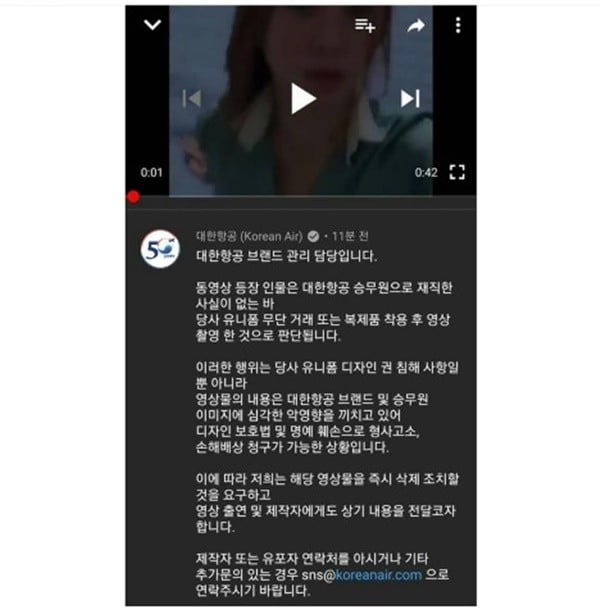 윤지오 승무원 의상 논란/사진=대한항공 공식 SNS