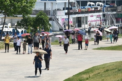 [포토] 갑작스러운 폭염에 등장한 우산 행렬