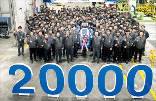 LS엠트론 임직원들이 지난해 12월 트랙터 2만 대 생산을 자축하며 기념촬영하고 있다. LS 제공
 