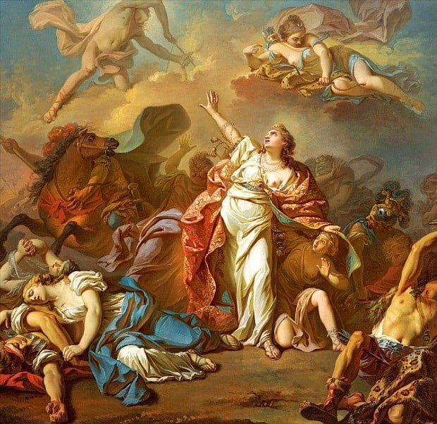 ‘니오베의 자녀들을 공격하는 아폴로와 아르테미스’(1772년), 프랑스 화가 루이 다비드(1748~1825) 유화, 120.6×153.6㎝, 미국 댈러스미술관.