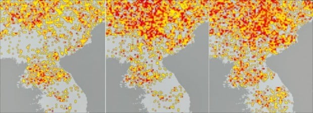 < 北, 가뭄 심각 > 미국 국립해양대기국(NOAA)이 최근 기상위성 사진을 토대로 한반도의 ‘가뭄지수’를 분석한 지도를 공개했다. 지도에서 붉은색으로 표시될수록 가뭄의 정도가 심함을 뜻한다. 왼쪽부터 4월 마지막 주, 5월 첫째 주, 5월 둘째 주.  /연합뉴스 