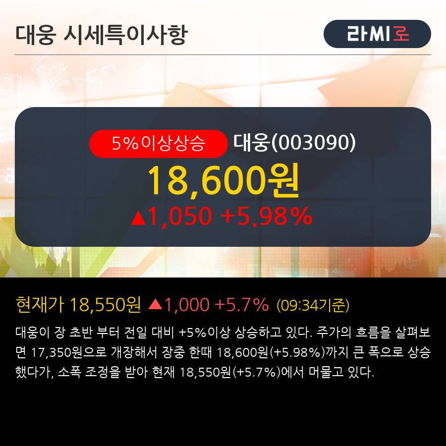 '대웅' 5% 이상 상승, 주가 반등 시도, 단기 이평선 역배열 구간