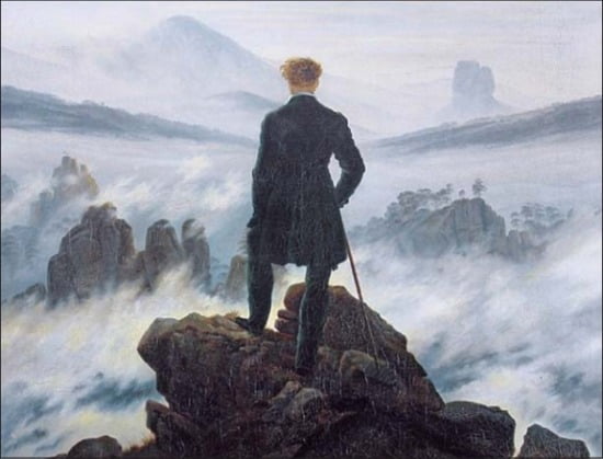 카스파르 다비드 프리드리히(1774~1840)의 ‘안개 바다 위의 방랑자’(1817, 유화, 98×72㎝). 독일 함부르크 미술관 소장. 한 사람이 산 정상에 올라 산마루들을 덮은 안개를 내려다보고 있다. 운명과 같은 미지의 세계를 자신의 의지와 품격으로 극복하려는 결기를 그렸다.