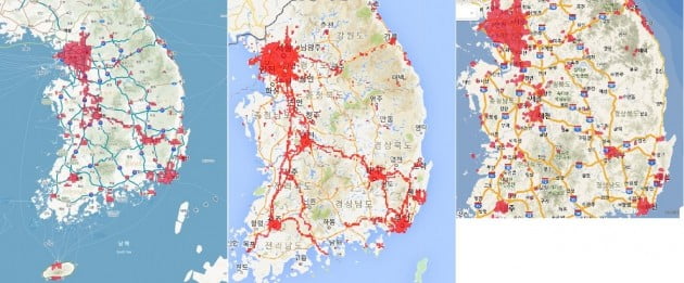 국내 이동통신 3사의 5G(5세대 이동통신) 커버리지 맵. 왼쪽부터 SKT, KT, LGU+ 사진=각 사 홈페이지
