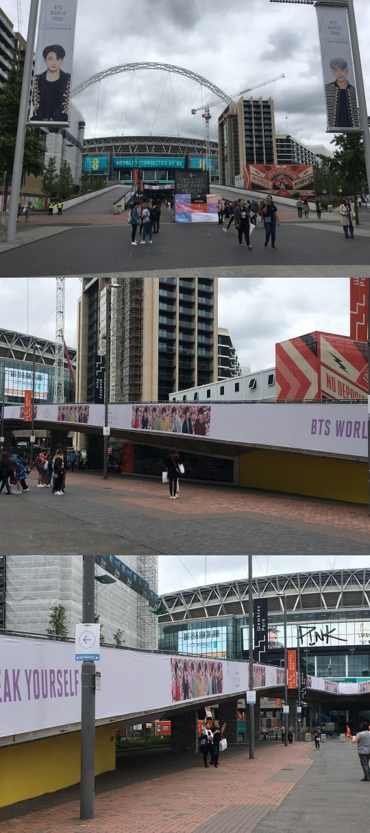 그룹 방탄소년단의 영국 런던 웸블리 스타디움 콘서트를 하루 앞둔 31일 공연장 주변을 둘러보는 전 세계 아미(ARMY·팬클럽)들. / 런던=김하진 기자