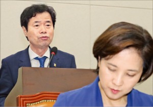 26일 오후 열린 국회 교육위원회 회의에서 김승환 전북교육감이 현안 보고를 하고 있다. 오른쪽은 유은혜 부총리 겸 교육부 장관.  /연합뉴스 