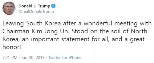트럼프 "김위원장과 멋진 만남 후 한국 떠난다…대단한 영광"