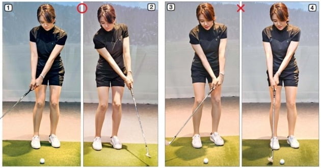 단번에 많은 타수를 줄이는 ‘알짜 기초기술’이 바로 이 초단거리 칩샷(5~10m)이다. 사진, 번처럼 머리, 어깨, 무릎 등 몸이 상하로 출렁이지 않게 밸런스를 잘 잡아준 상태에서 스윙을 ‘지나가듯’ 해주는 게 중요하다. 마치 초보 골퍼들이 많이 하는 ‘똑딱이’처럼. 특히 손목과 그립 악력에는 힘을 완전히 빼야 한다. 사진, 번처럼 오른 손목이나 왼 손목에 힘을 줘 굽히면 토핑, 뒤땅 등 실수가 날 확률이 급격히 높아진다.  /신경훈 기자 khshin@hankyung.com