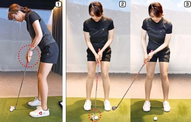 웨지를 퍼터처럼 쓰는 게 ‘퍼프로치’다. 셋업(사진①)을 보면 손목(빨간 점선)이 굽혀지지 않고 퍼터를 잡을 때처럼 평평하게 펴져 있다. 퍼팅 셋업과 다른 점 중 하나가 공을 한가운데(사진②·빨간 점선)에 놓고 스트로크한다는 점이다. 스트로크(사진③)는 퍼팅과 같되, 백스트로크가 약간 가팔라야 공과의 접촉이 부드럽게 잘된다. 신경훈 기자 khshin@hankyung.com 