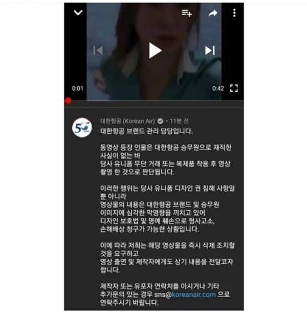 윤지오 승무원 유니폼 의상 논란/사진=대한항공 SNS 캡처