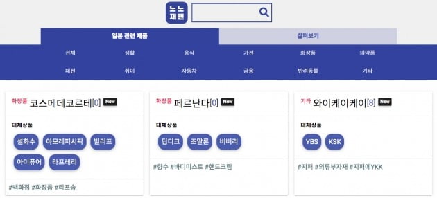 일본불매운동 제품 목록을 제공하는 노노재팬 웹사이트. 사진=노노재팬