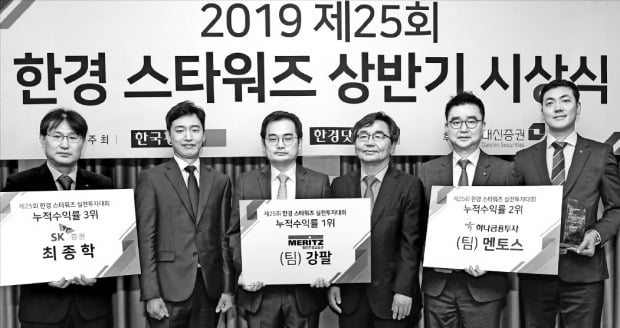 < ‘별 중의 별’ > 한국경제신문사가 주최하고 한경닷컴이 주관한 국내 최고 권위의 주식 실전투자대회 ‘2019 제25회 한경 스타워즈 상반기 시상식’이 2일 한국경제신문사 17층에서 열렸다. 왼쪽부터 누적수익률 3.45%로 3위에 오른 최종학 SK증권 차장, 수익률 52.04%로 1위를 한 ‘강팔’팀의 이의석 메리츠종금증권 대리와 이다솔 차장, 하영춘 한경닷컴 대표, 2위 ‘멘토스’팀(수익률 12.29%)의 김준연 하나금융투자 부장, 이종원 과장. /변성현 한경닷컴 기자 byun84@hankyung.com 