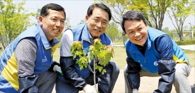 조용병 신한금융그룹 회장(가운데)과 진옥동 신한은행장(오른쪽), 임영진 신한카드 사장(왼쪽)이 지난 5월 서울식물원을 찾아 단풍나무를 심고 있다.  신한금융 제공